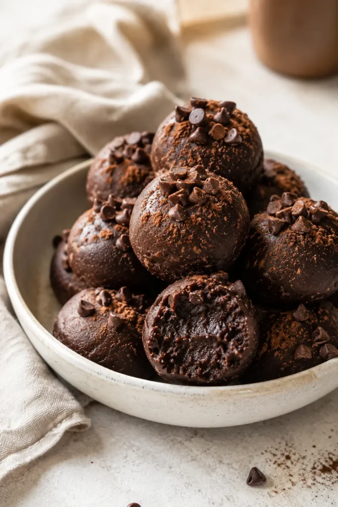 Three flavor variations of cottage cheese brownie batter protein bites.