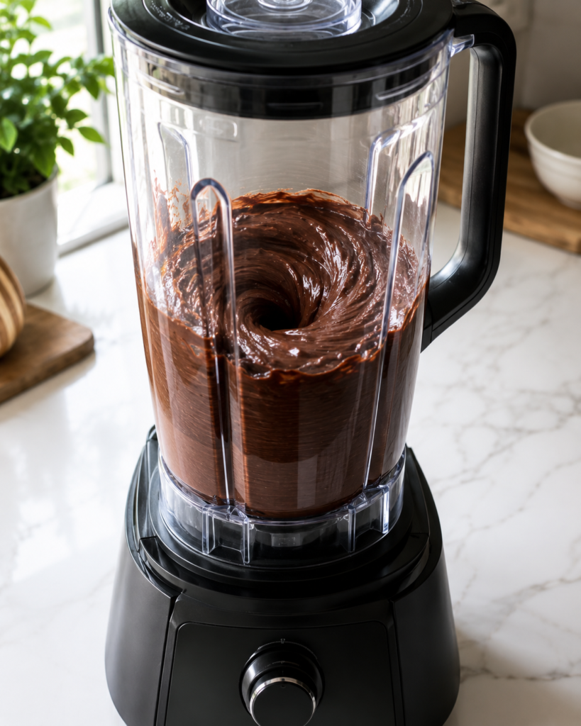 Chocolate brownie mixture blending smoothly in a blender
