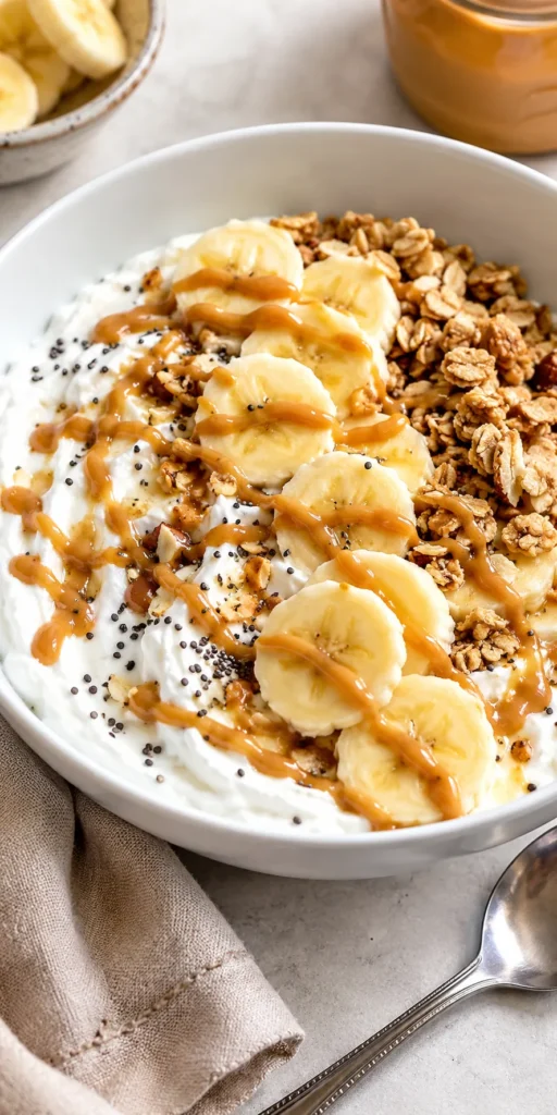 Greek yogurt breakfast bowl with banana, chia seeds, granola, and peanut butter
