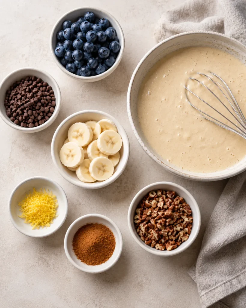 Optional add-ins for protein Greek yogurt pancakes arranged beside pancake batter