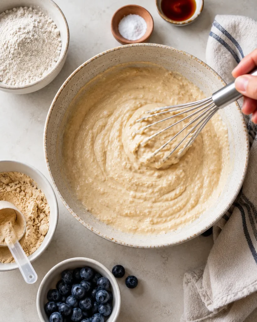 Thick pancake batter being whisked for protein Greek yogurt pancakes
