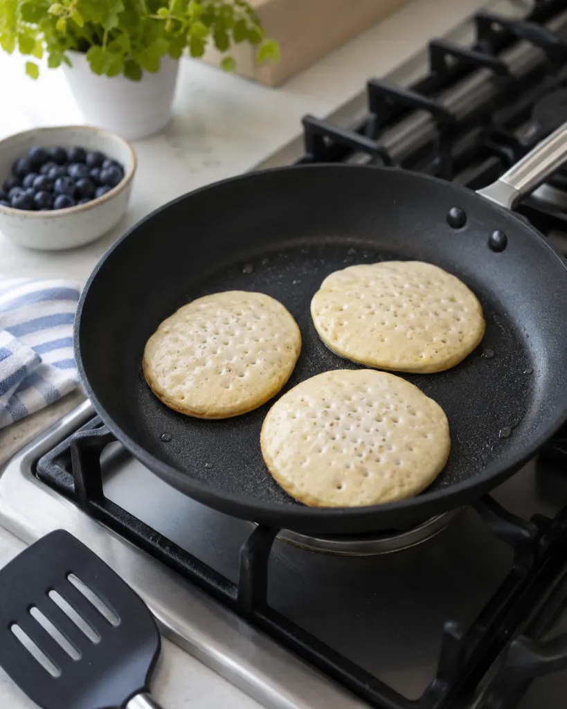 Protein Greek yogurt pancakes cooking in a skillet with bubbles on top