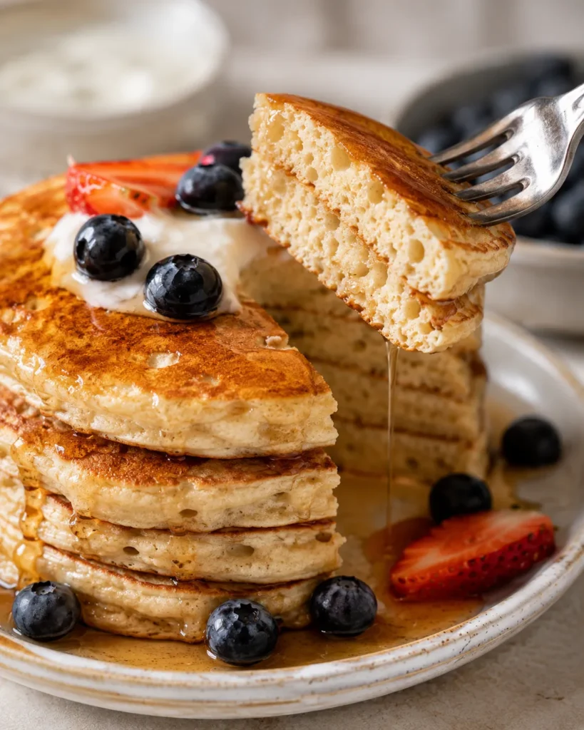 Fork lifting a fluffy protein Greek yogurt pancake from a stack