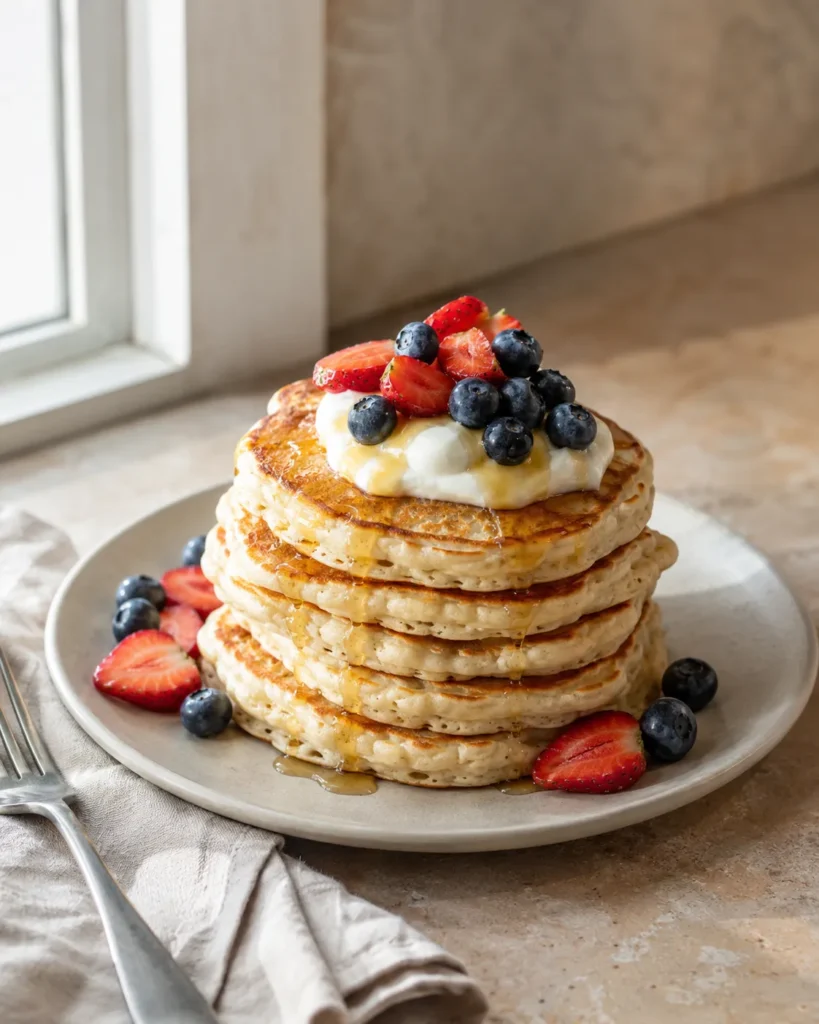 Fluffy protein Greek yogurt pancakes stacked with berries and a spoonful of yogurt