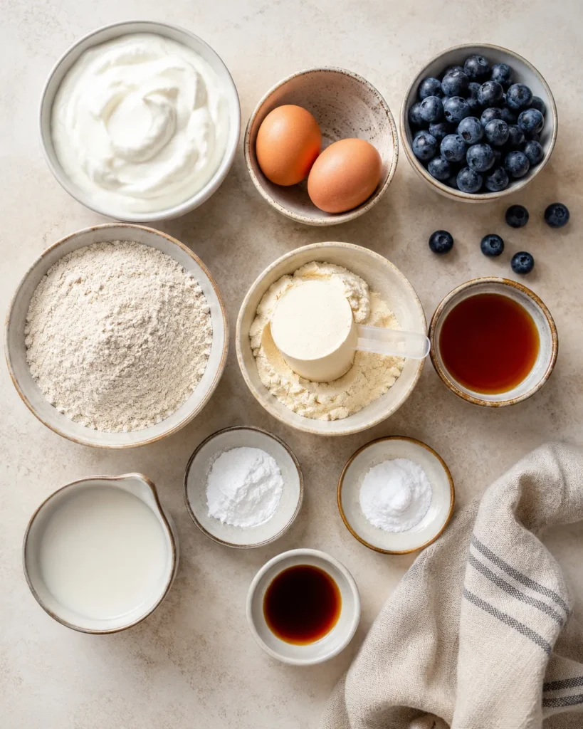 Ingredients arranged overhead for making protein Greek yogurt pancakes
