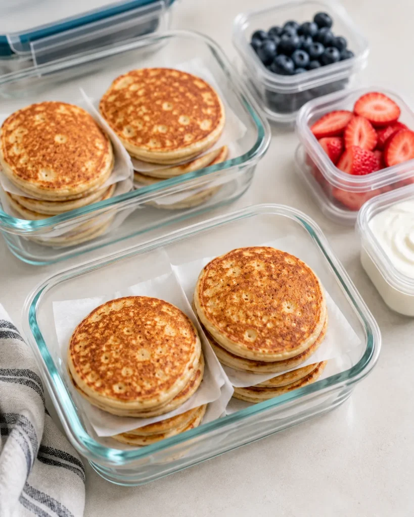 Meal-prep containers with protein Greek yogurt pancakes and toppings on the side