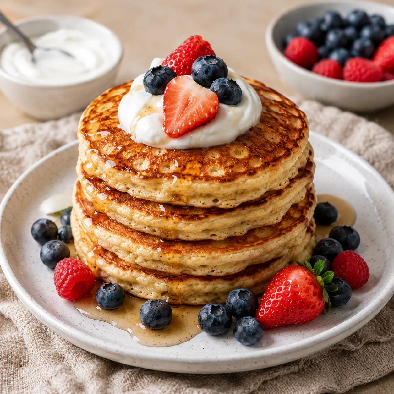 Protein Greek yogurt pancakes with berries and yogurt topping