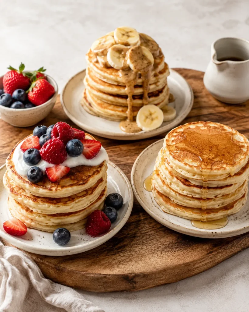Three topping ideas for serving protein Greek yogurt pancakes