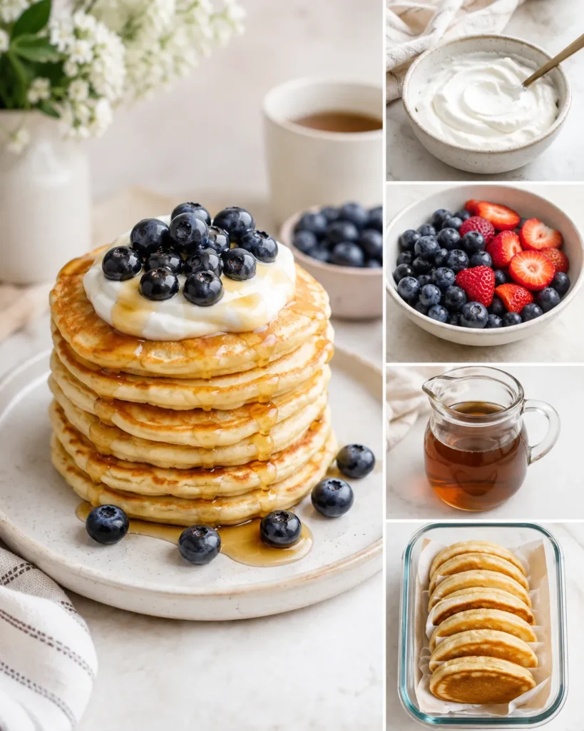 Collage-style visual summary of protein Greek yogurt pancakes and meal-prep elements