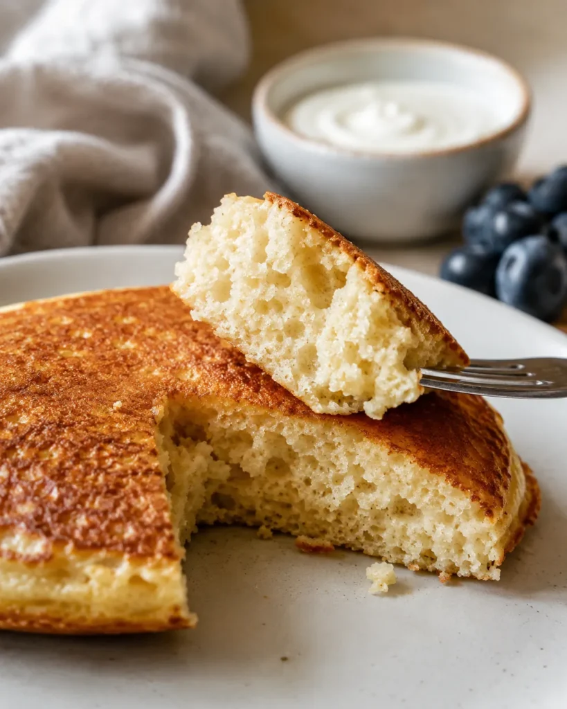 Close-up of the fluffy interior of a protein Greek yogurt pancake