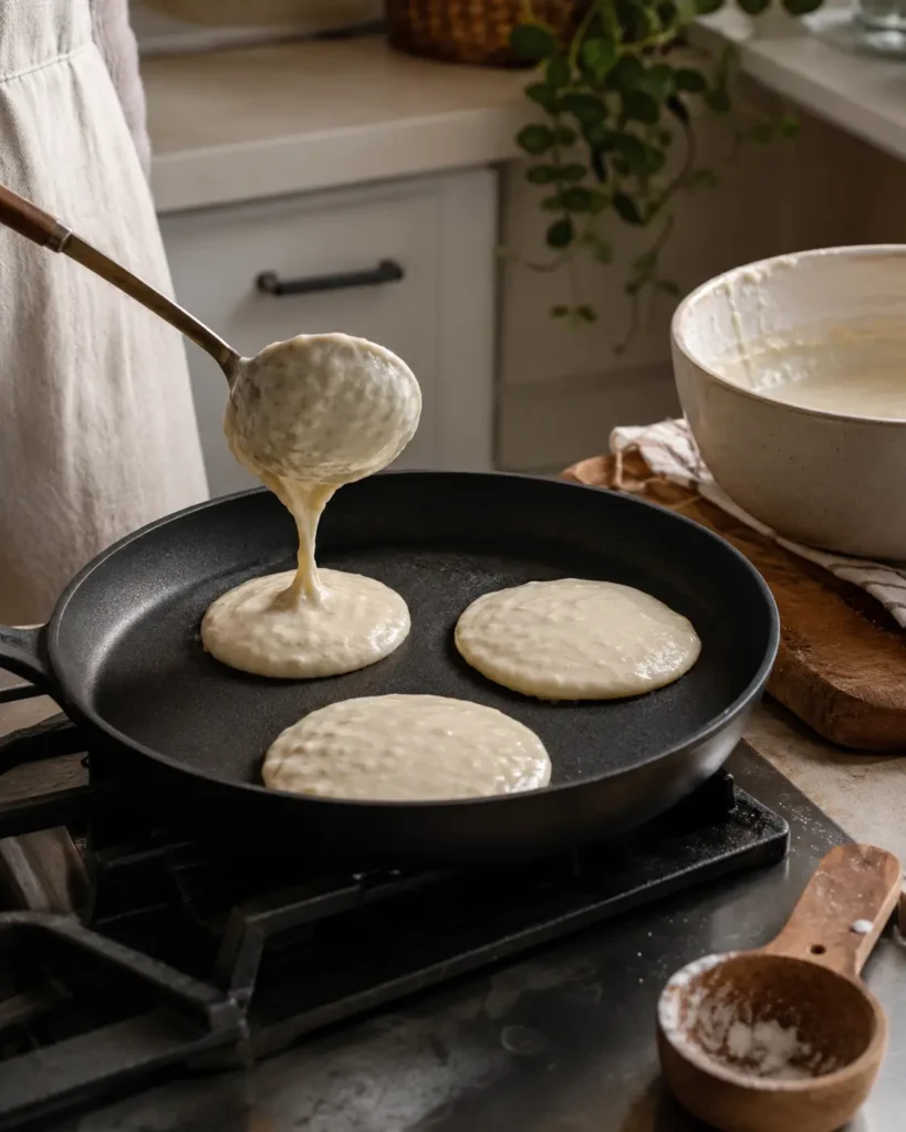 Greek yogurt protein pancake batter being ladled into a skillet with pancakes cooking