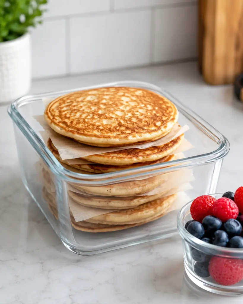 Greek yogurt protein pancakes stored in a glass meal-prep container with parchment between each layer