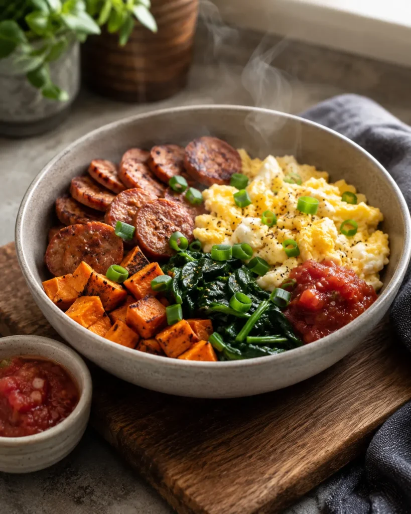 Savory breakfast bowl with eggs, turkey sausage, spinach, and roasted sweet potatoes
