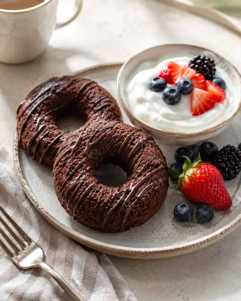 Baked chocolate protein donuts served with Greek yogurt and berries