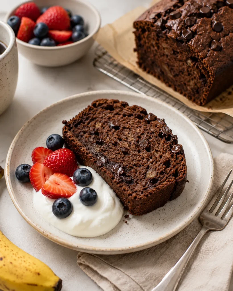 Slice of high-protein chocolate banana bread served with Greek yogurt and fresh berries