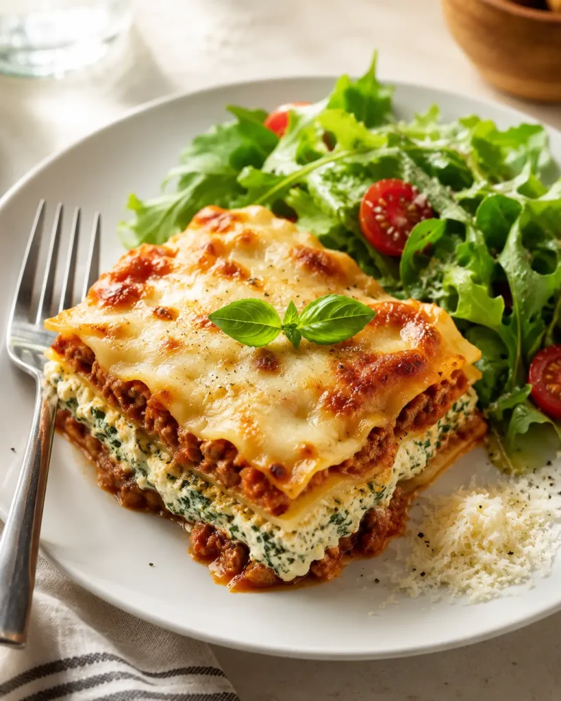 Square of sheet pan lasagna served on a white plate with a simple green salad, basil garnish, and grated parmesan.