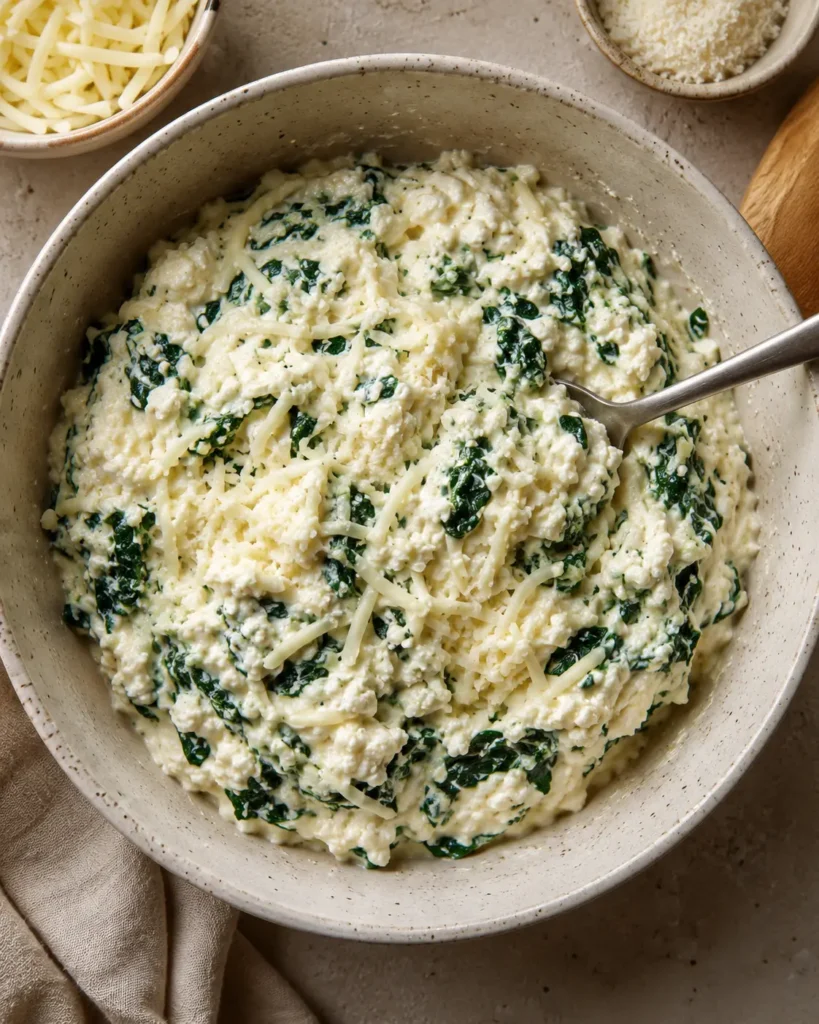 Cottage cheese lasagna filling mixed with mozzarella, parmesan, egg, and spinach in a ceramic bowl.