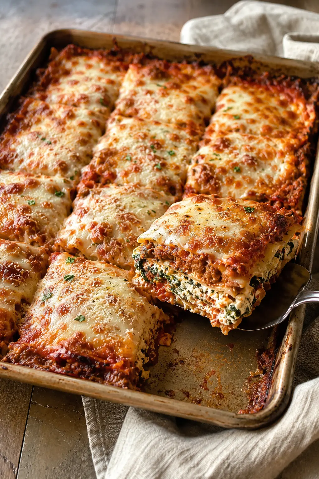 Sheet pan lasagna with turkey sauce, cottage cheese, spinach, and melted mozzarella.