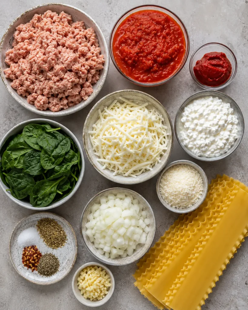 Ingredients for sheet pan lasagna arranged in bowls, including ground turkey, marinara, tomato paste, cottage cheese, mozzarella, parmesan, spinach, lasagna noodles, onion, garlic, and seasonings.