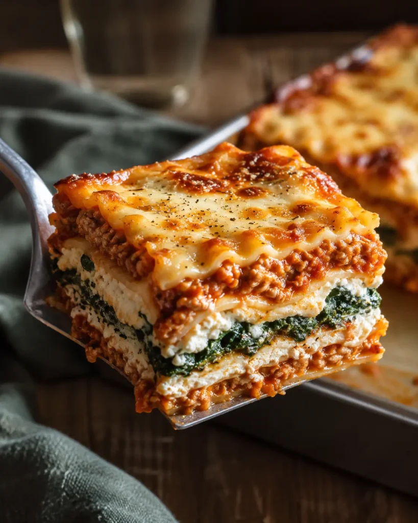 Square of sheet pan lasagna lifted on a metal spatula, showing layered noodles, turkey meat sauce, creamy cottage cheese filling, spinach, and browned mozzarella.