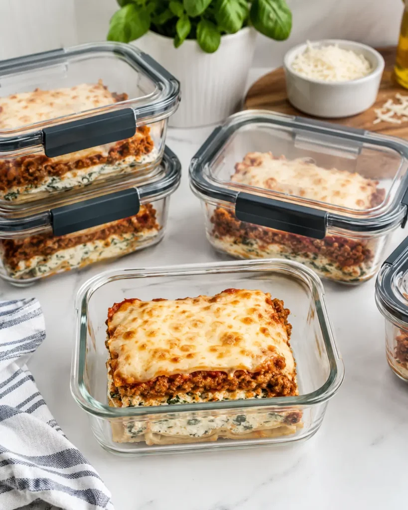 Glass meal-prep containers filled with square portions of sheet pan lasagna, showing pasta, turkey sauce, spinach cottage cheese filling, and browned cheese.