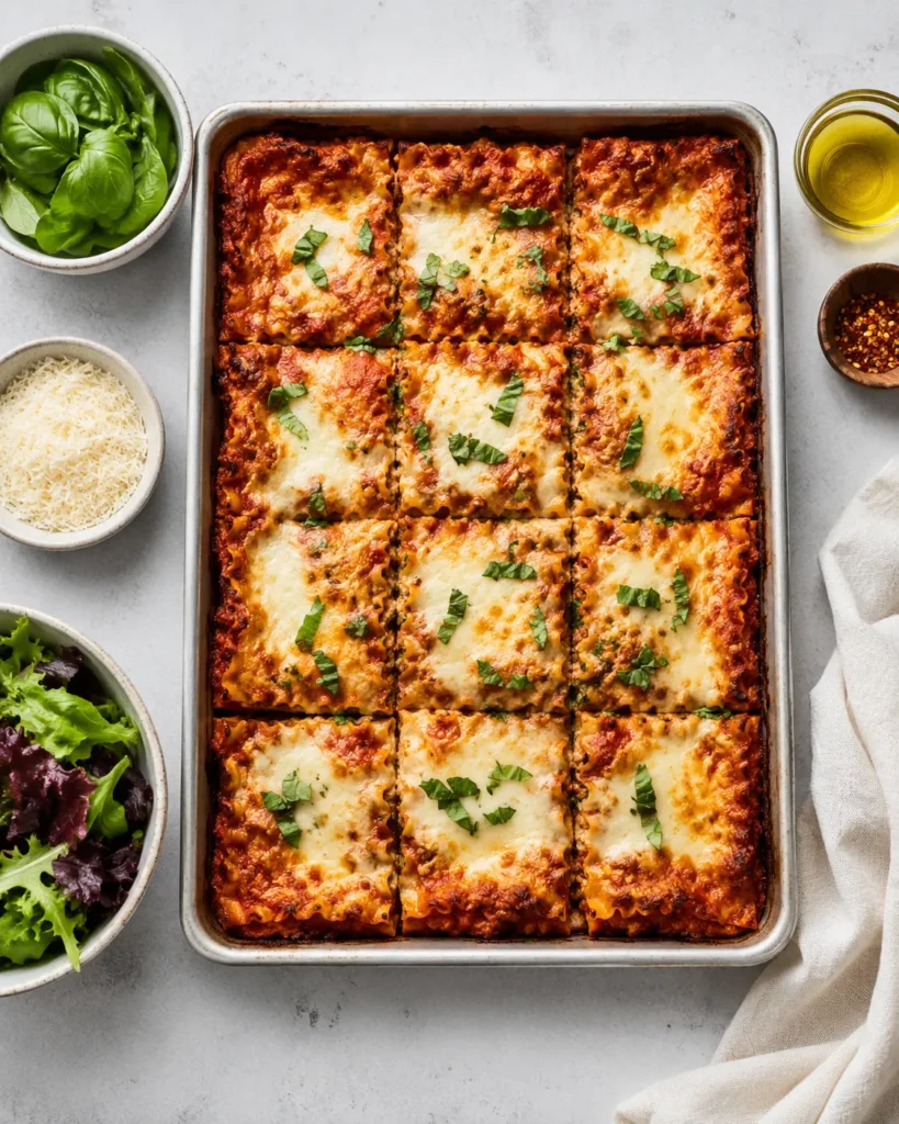 Overhead view of sheet pan lasagna cut into squares with basil, parmesan, salad greens, olive oil, and seasonings arranged around the pan.