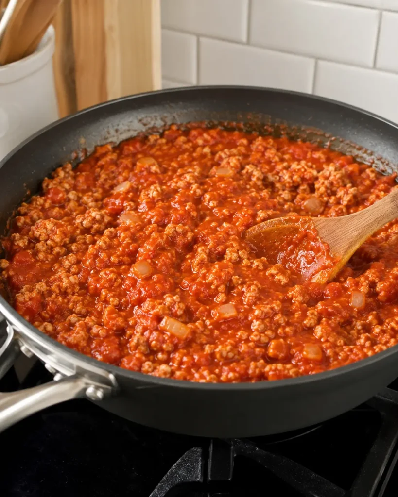 Ground turkey lasagna sauce with marinara, tomato paste, onion, and garlic cooking in a skillet.