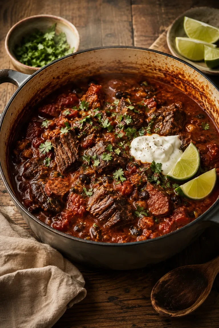 Short rib and chorizo chili in a Dutch oven with toppings
