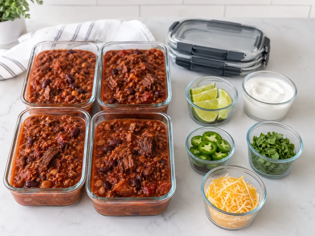 Overhead image of short rib and chorizo chili with different garnish ideas
