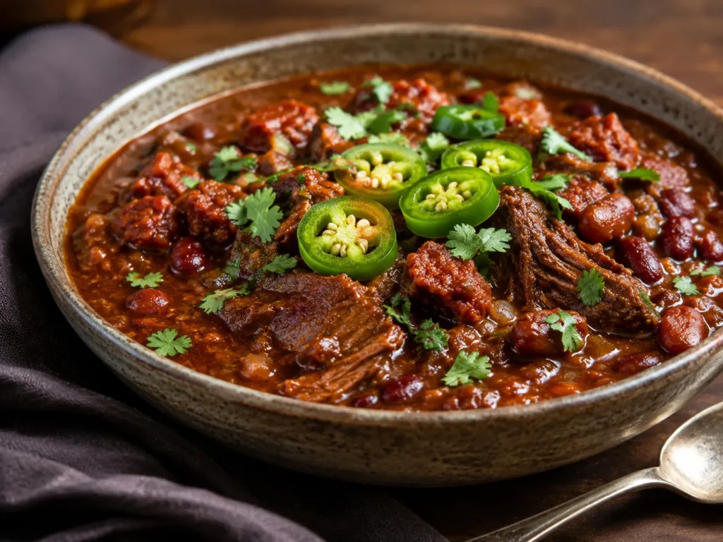 Bowl of short rib and chorizo chili with tender beef, beans, jalapeños, and cilantro