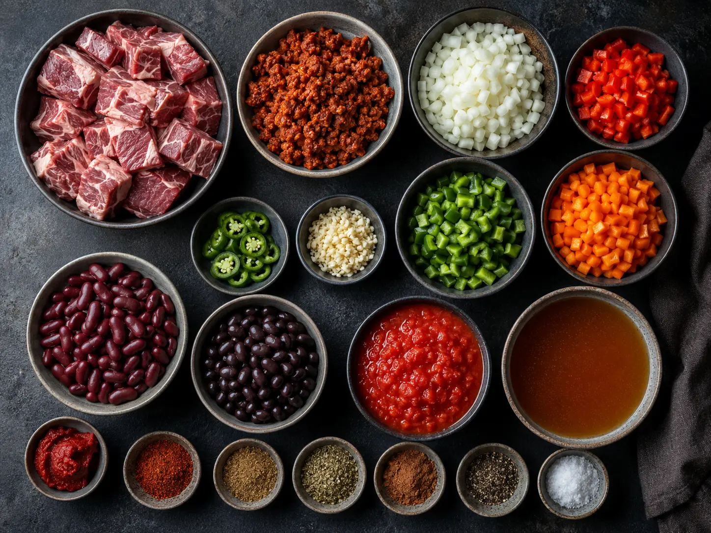 Ingredient lineup for short rib and chorizo chili with beef, chorizo, beans, vegetables, and spices