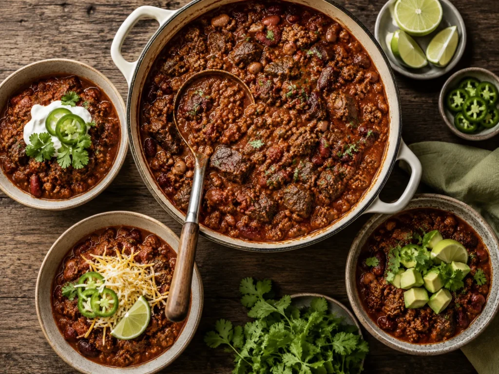 Overhead image of short rib and chorizo chili with different garnish ideas