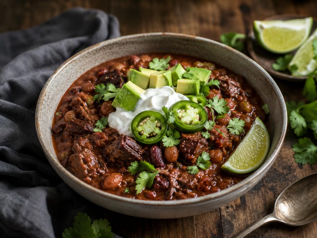 Bowl of short rib and chorizo chili topped with Greek yogurt, avocado, cilantro, and jalapeños