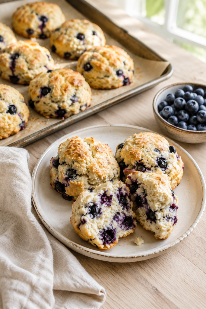 Freshly baked soft blueberry biscuits served warm on a breakfast plate