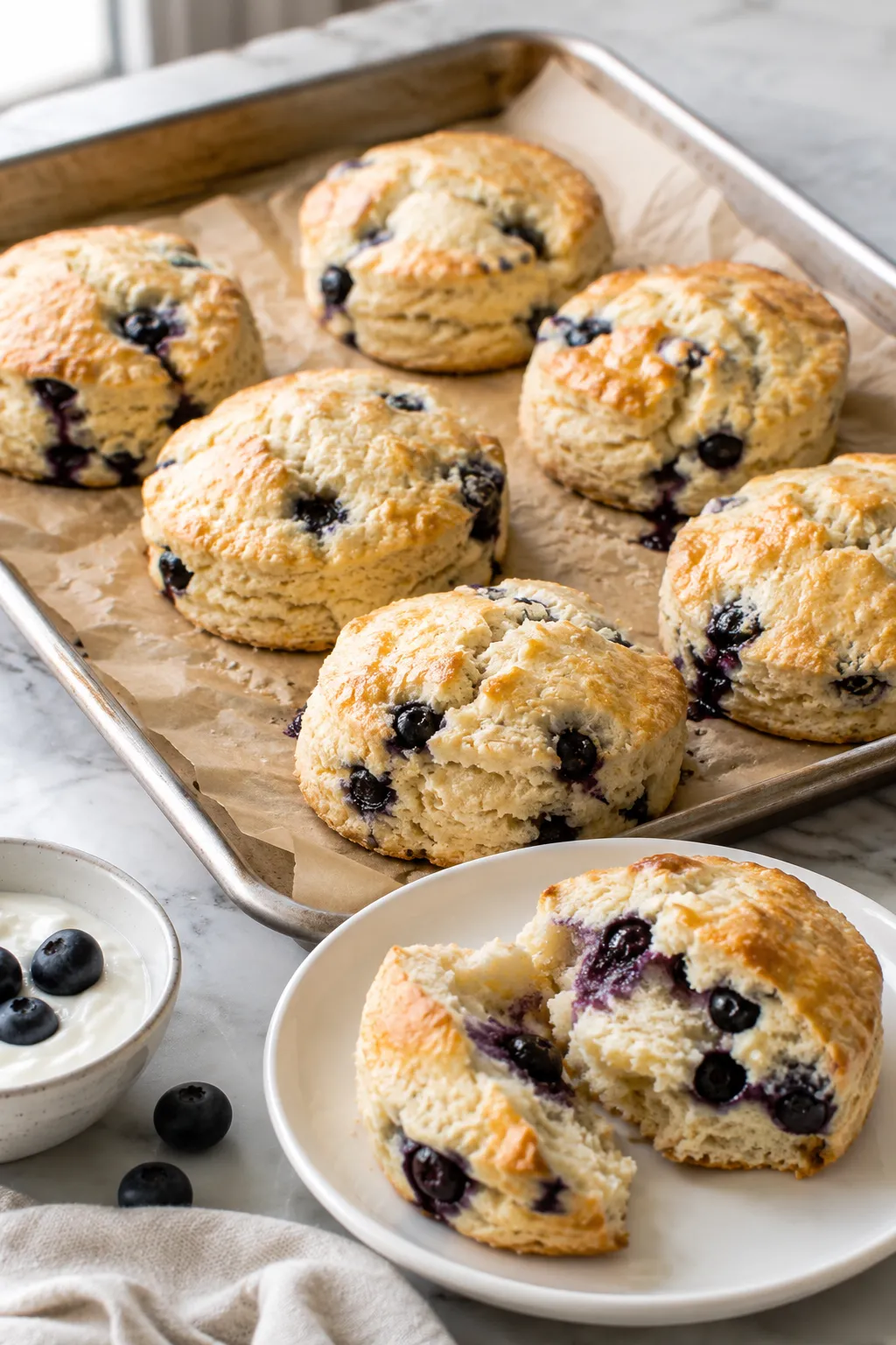 Freshly baked soft blueberry biscuits with yogurt and blueberries