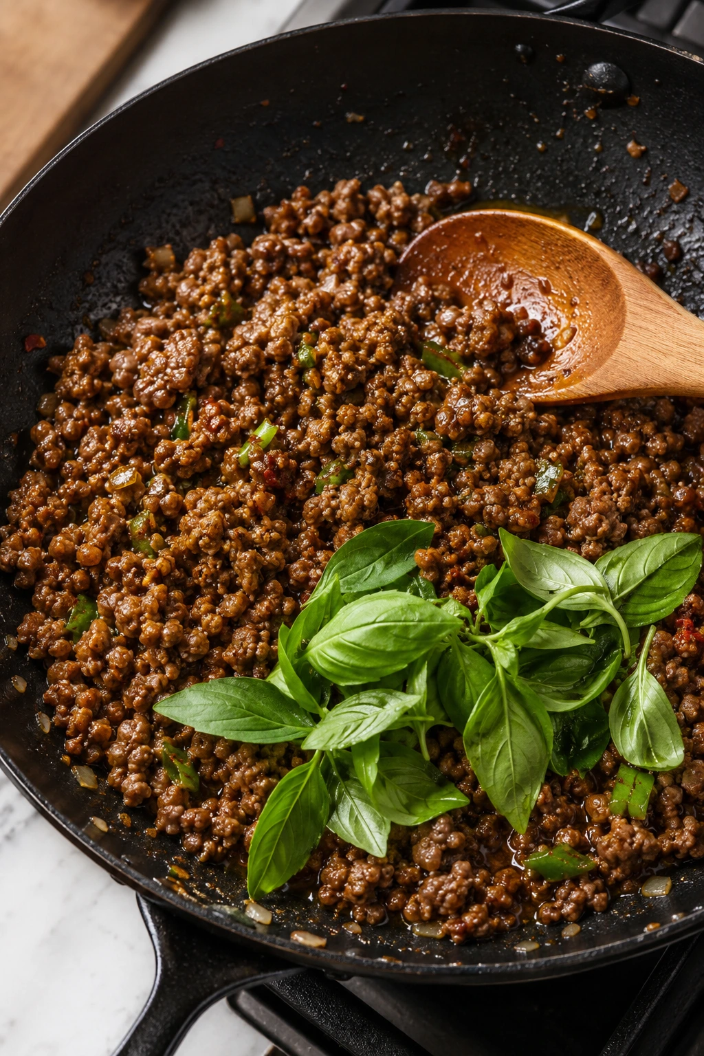 Thai basil beef filling cooking in a skillet with garlic, ginger, and fresh basil