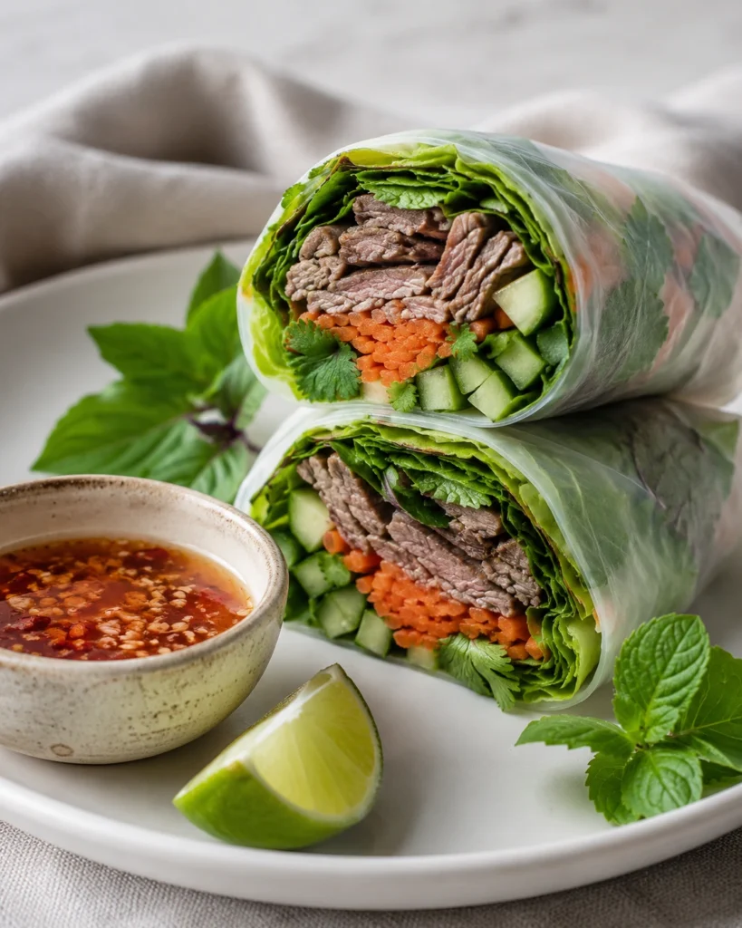 : Close-up of cut Thai basil beef roll with fresh herb and vegetable layers