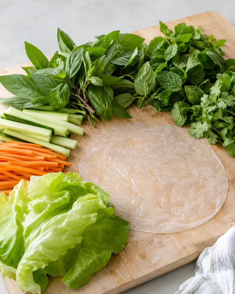 Fresh herbs and vegetables arranged for assembling Thai basil beef rolls