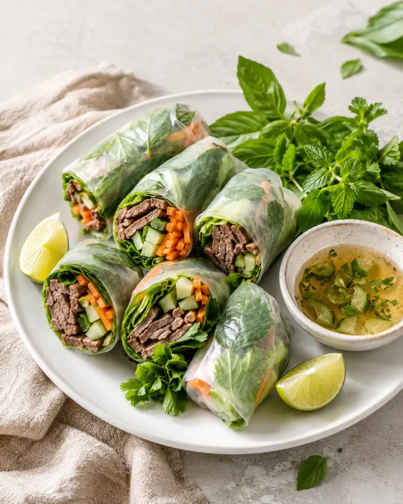 Sliced Thai basil beef rolls with fresh herbs and dipping sauce on a platter