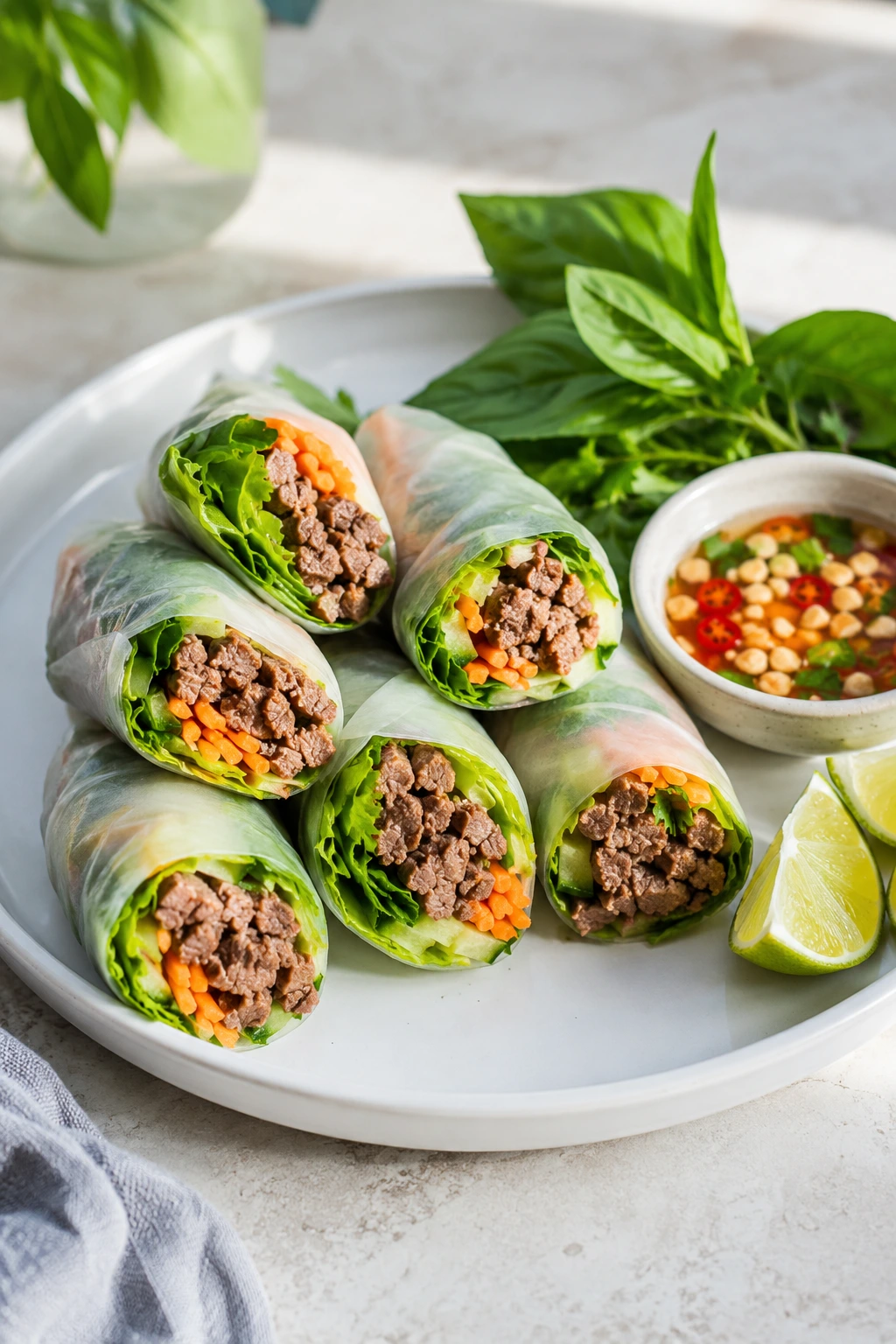 Thai basil beef rolls with fresh vegetables and dipping sauce