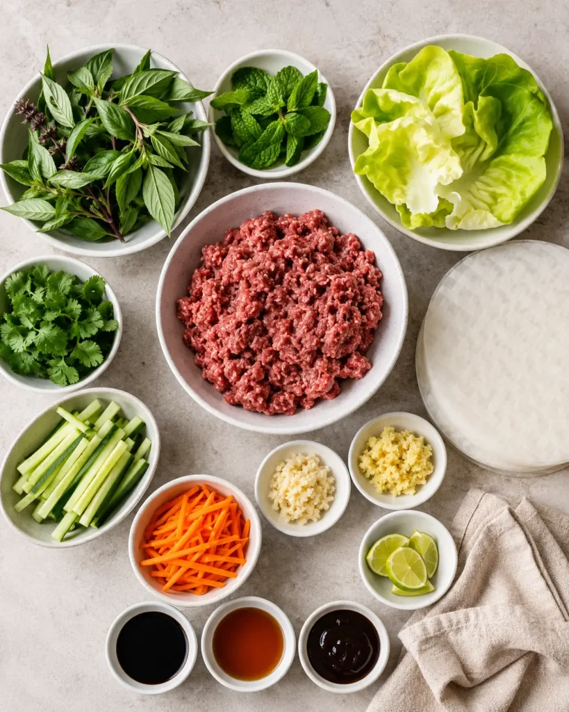 Ingredients for Thai basil beef rolls laid out overhead with herbs, vegetables, beef, and rice paper