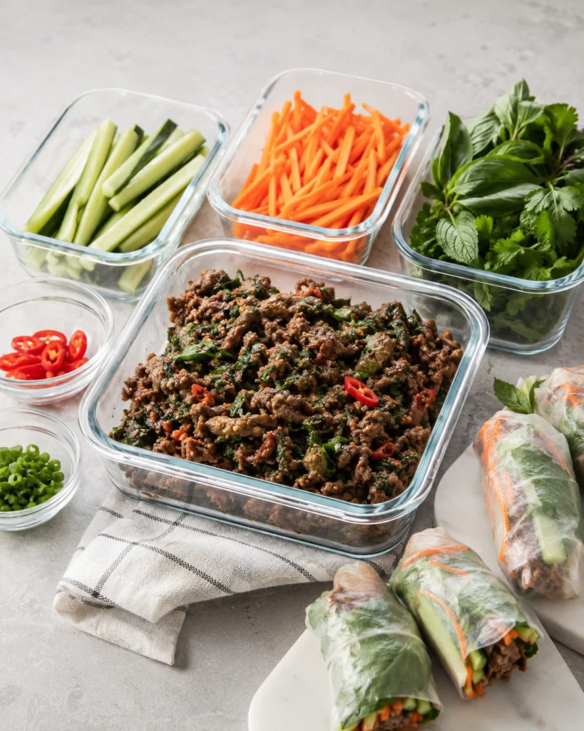 Thai basil beef roll components stored separately for meal prep