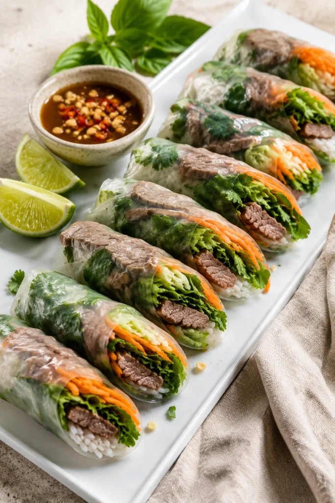 Thai basil beef rolls arranged on a platter with dipping sauce and lime
