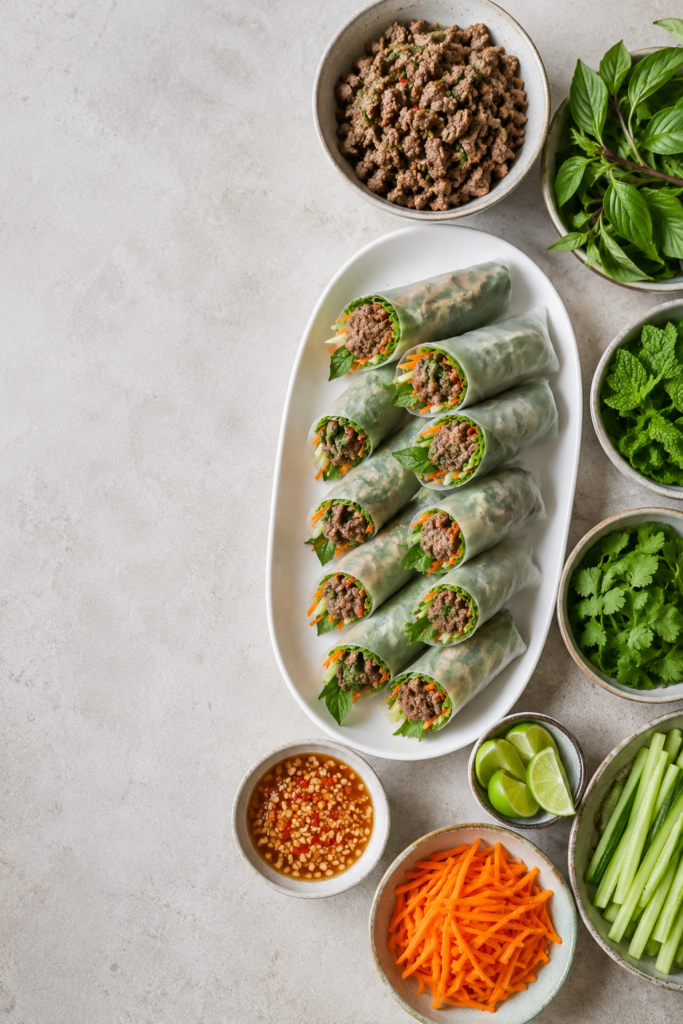 Overhead summary-style image showing Thai basil beef rolls and key ingredients