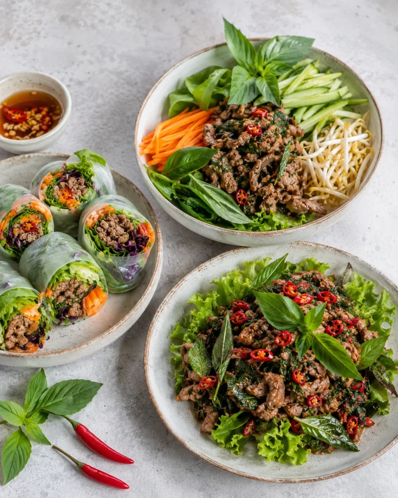 Three variations of Thai basil beef rolls including a bowl version and a spicier version