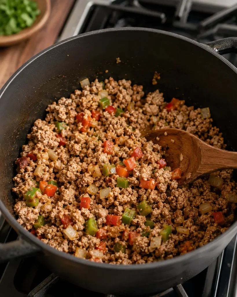 Ground turkey browned with onion and bell pepper for chili