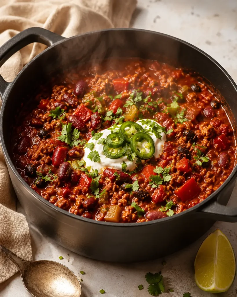 Thick turkey chili in a Dutch oven topped with Greek yogurt, cilantro, and jalapeño
