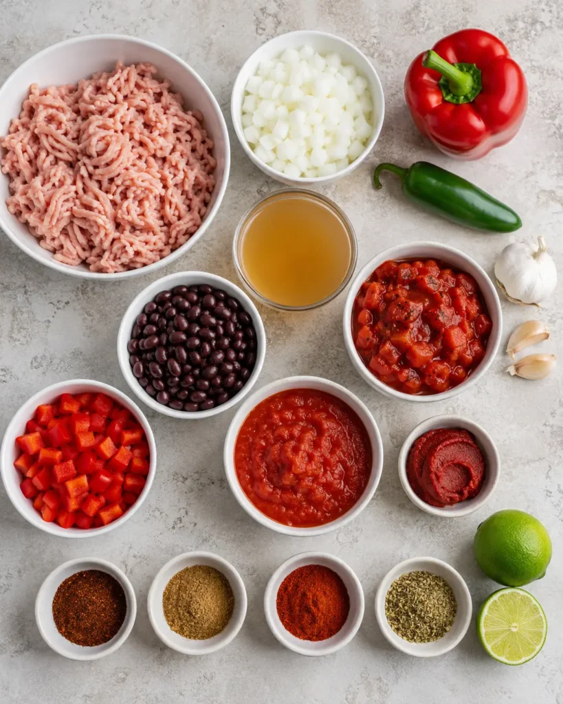 Ingredient lineup for thick turkey chili with beans, tomatoes, peppers, and spices