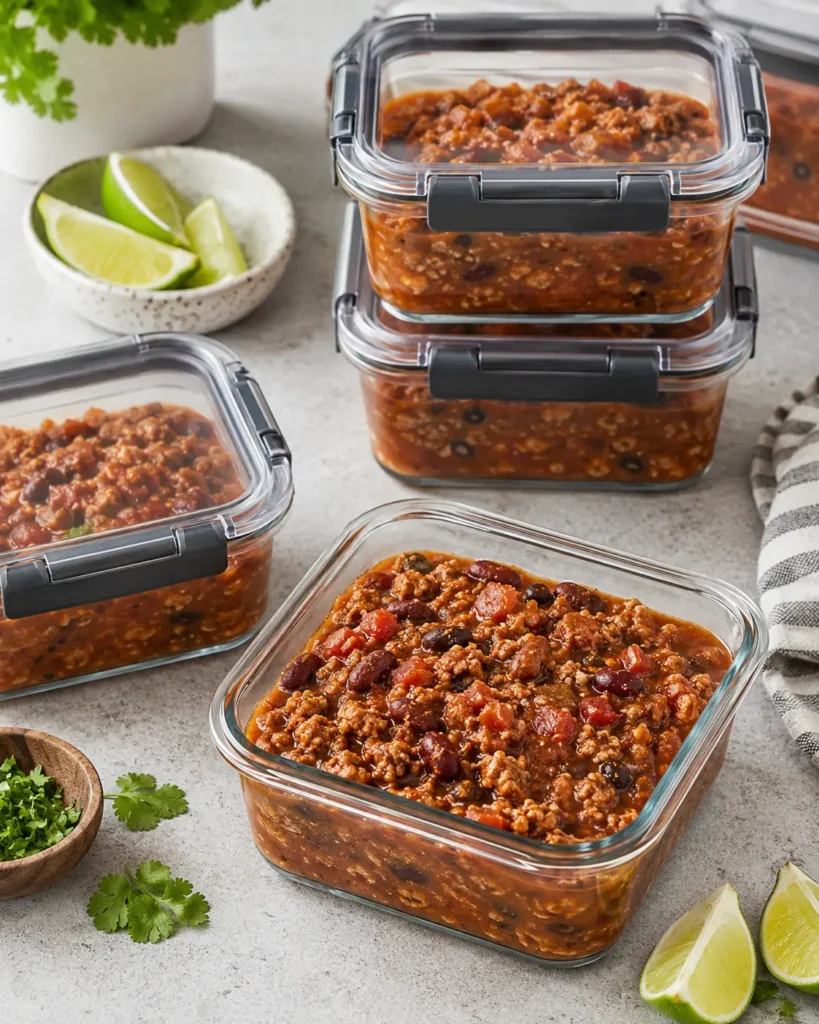 Turkey chili recipe portioned into glass meal-prep containers