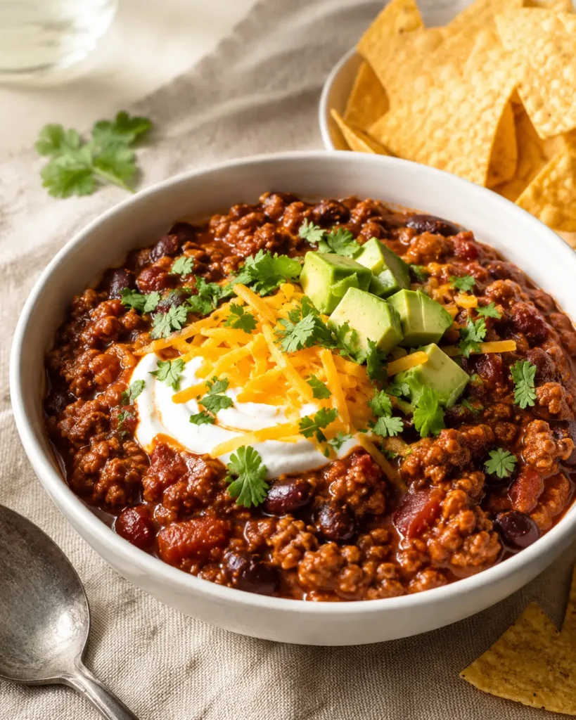 Bowl of thick turkey chili topped with Greek yogurt, cheddar, avocado, and cilantro